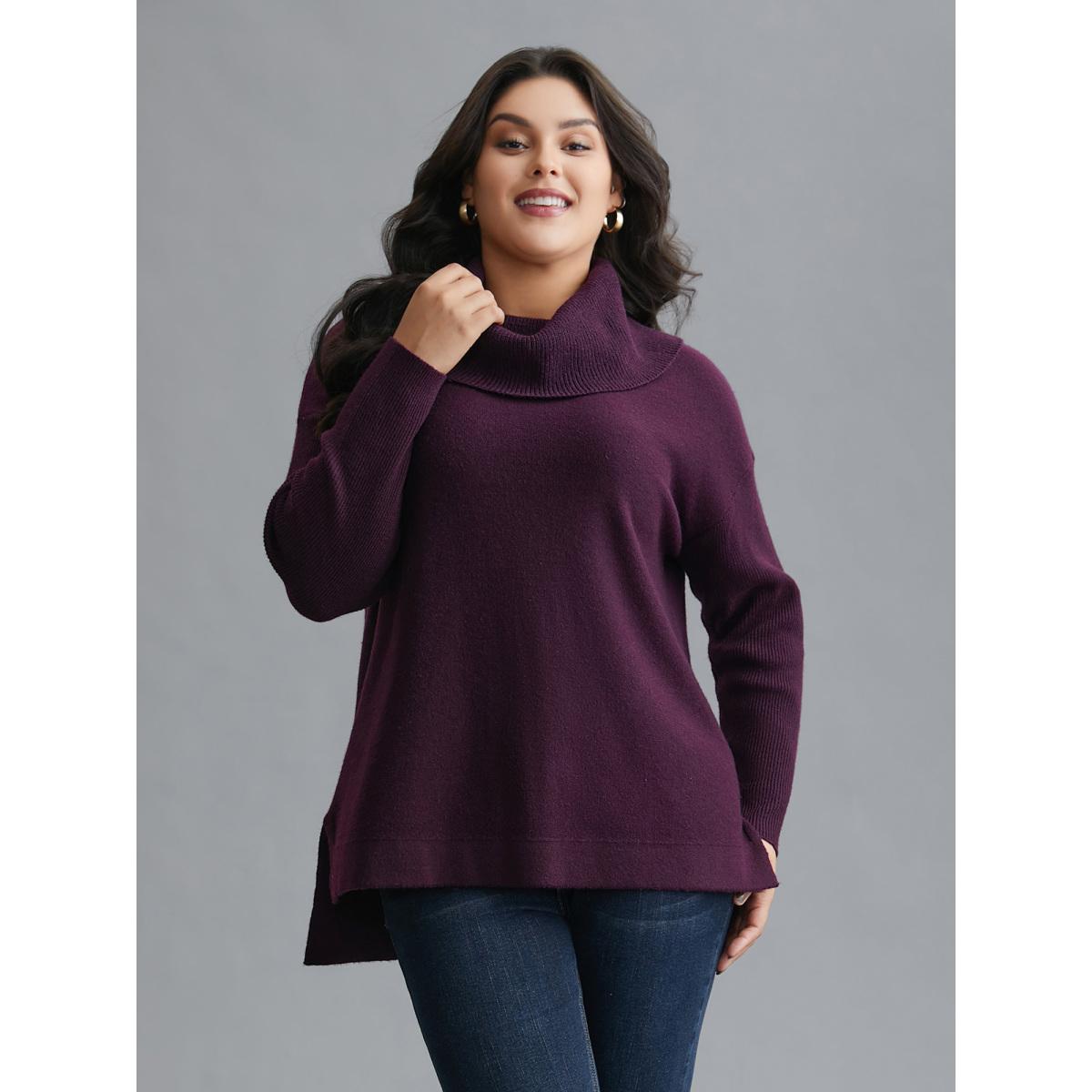Plus Size Supersoft Essentials Turtle Neck Asymmetrical Hem Slit Pullover Eggplant Women Casual Loose Long Sleeve Turtleneck Everyday Pullovers BloomChic 10/M Product Image