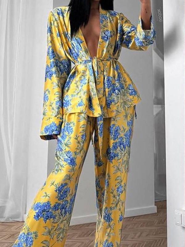 Loose Printed Split-Joint Deep V-Neck Lace-Up Blouse + Drawstring Elasticity Pants Trousers Two Pieces Set Product Image