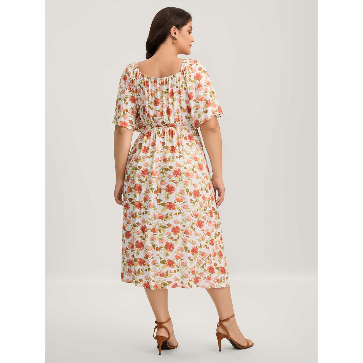 Plus Size Floral Pleated Bodice Pockets Midi Dress Ivory Women Tucked seam Square Neck Short sleeve Curvy BloomChic 12/L Product Image