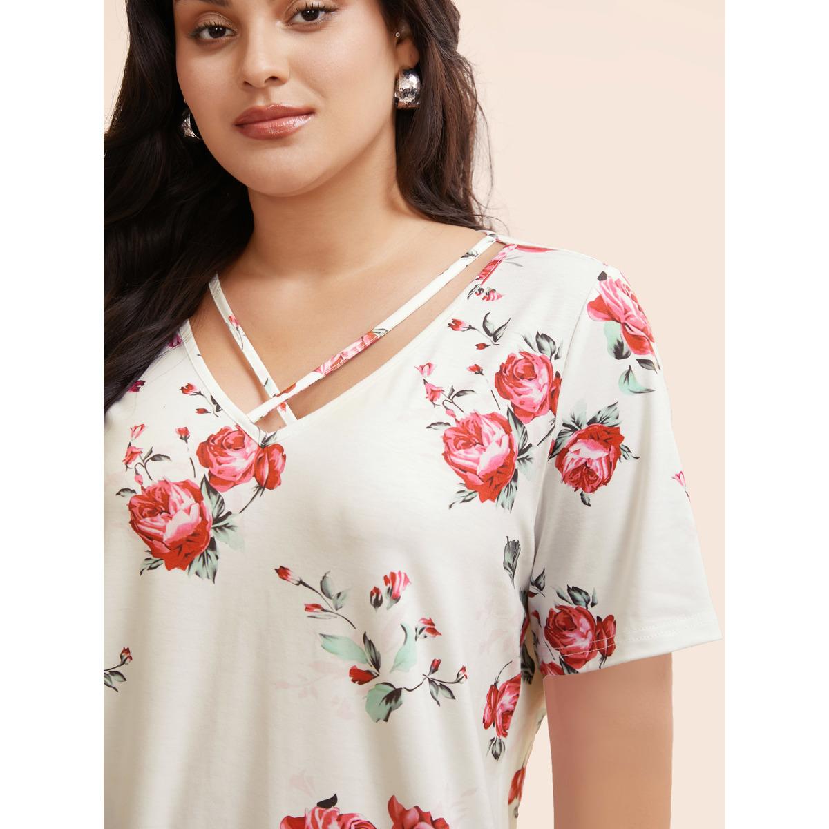 Plus Size Floral Crisscross V Neck T-shirt White Women Elegant Floral V-neck Everyday T-shirts BloomChic 12/L Product Image