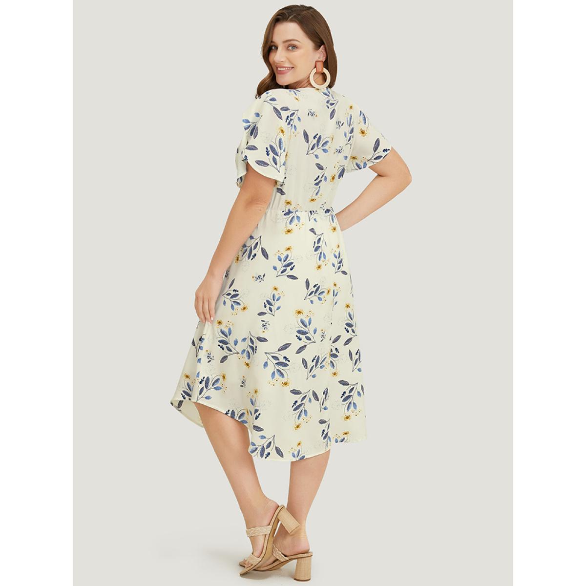 Plus Size Floral Arc Hem Pocket Split Petal Sleeve Zip Up Dress Ivory Women Office Lined V-neck Short sleeve Curvy Midi Dress BloomChic 14-16/1X Product Image