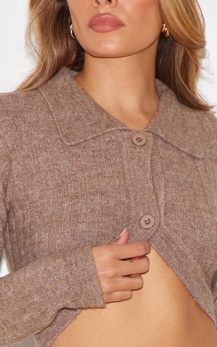 Chocolate Marl Soft Rib Knit Crop Collar Detail Top Product Image