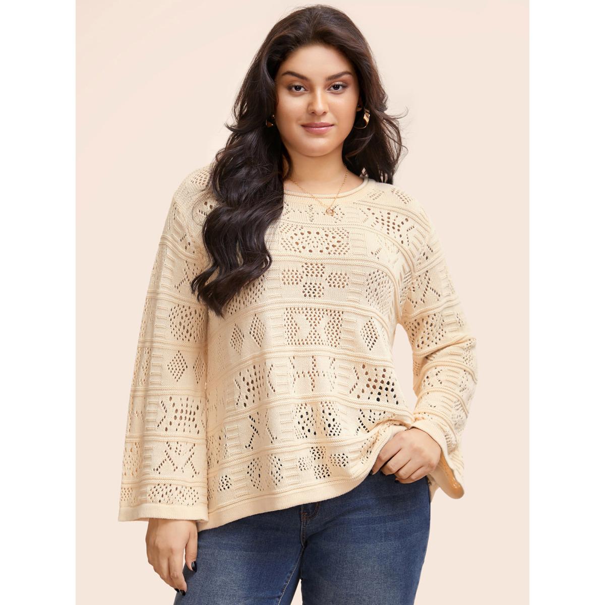 Plus Size Cotton Texture Cut Out Bell Sleeve Pullover Apricot Women Leisure Long Sleeve Round Neck Casual Pullovers BloomChic 30/6X Product Image