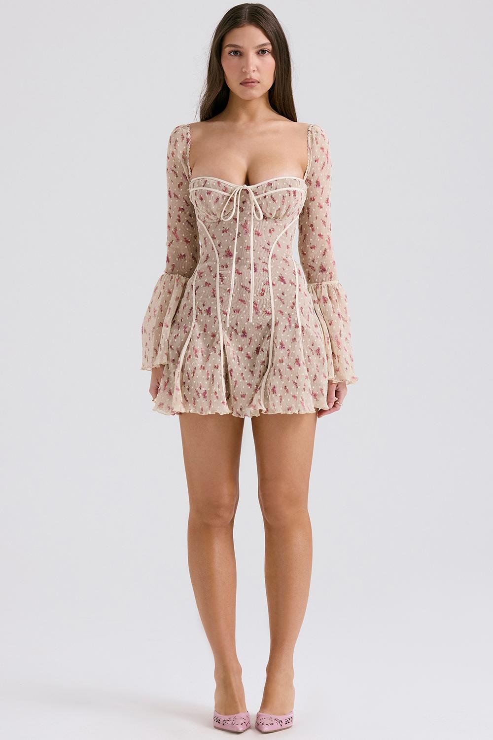 Analissa  vintage cream rose print corset mini dress Product Image