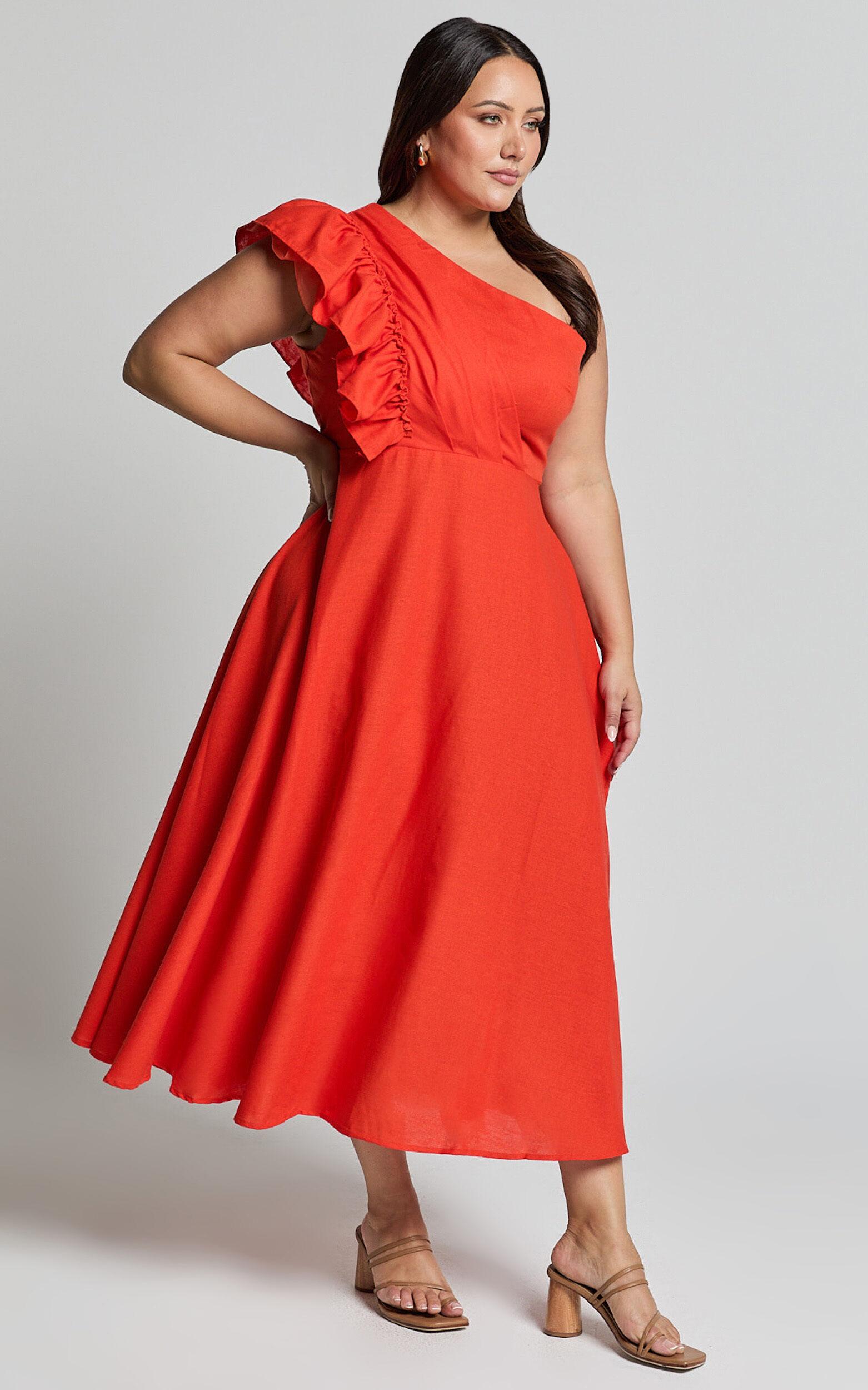 Dixie Midi Dress - Linen Look One Shoulder Ruffle Dress in Red Orange Product Image