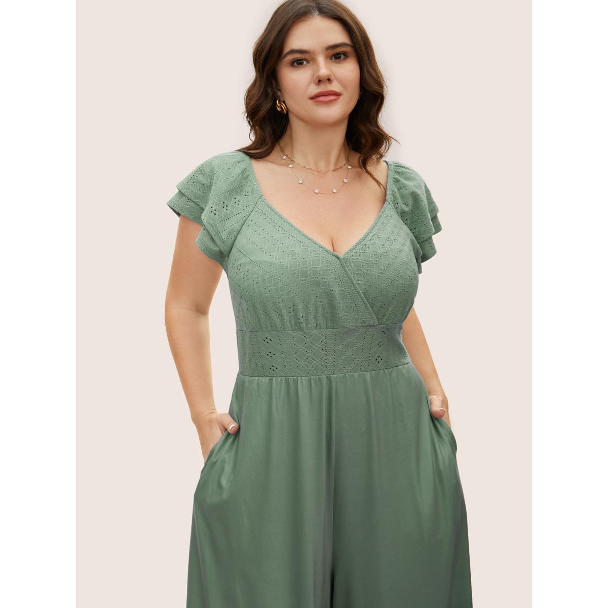 Plus Size Sage Eyelet Embroidery Tiered Ruffle Trim Jumpsuit Women Elegant Cap Sleeve Heart neckline Everyday Loose Jumpsuits BloomChic 22-24/3X Product Image
