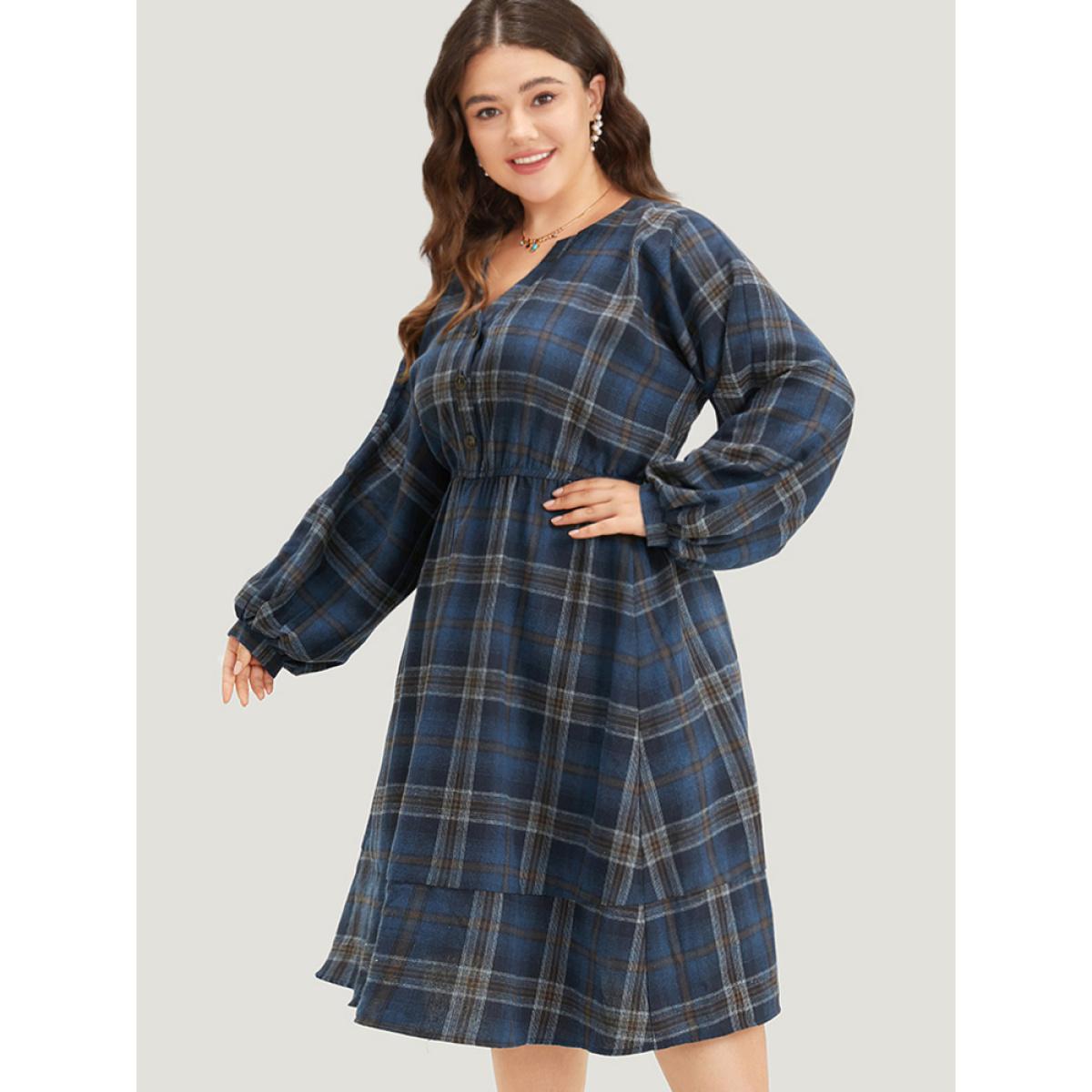 Plus Size Plaid Notched Button Up Lantern Sleeve Dress Aegean Women Casual Elastic cuffs Notched collar Long Sleeve Curvy Midi Dress BloomChic 14-16/1X Product Image