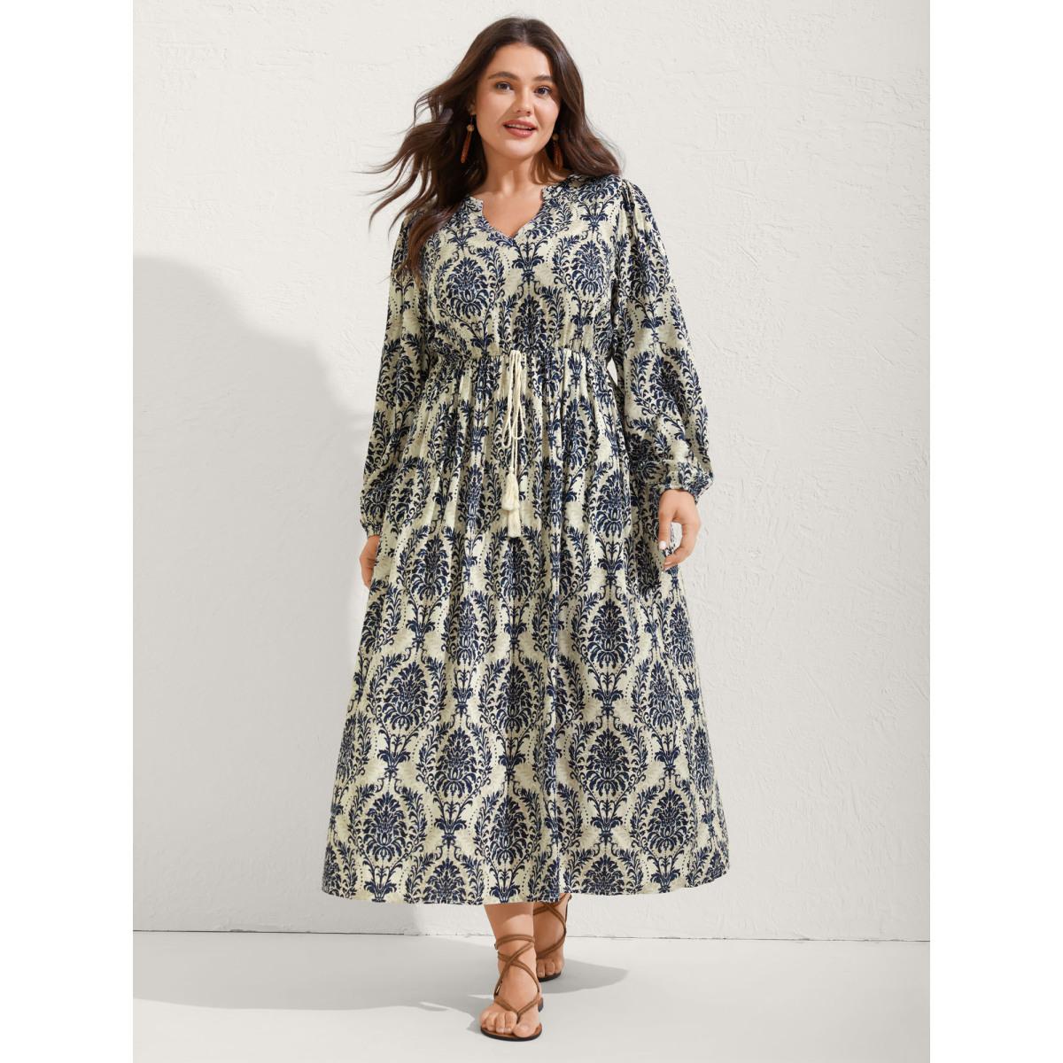Plus Size Boho Print Notched Tie Knot Maxi Dress DarkBlue Women Boho Tie knot Flat collar with V-notch Long Sleeve Curvy BloomChic 30/6X Product Image