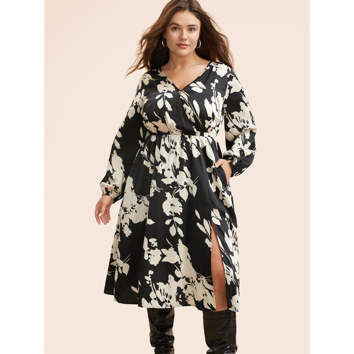 Plus Size Overlap Collar Silhouette Floral Print Gathered Dress Black Women Elegant Slit Overlap Collar Long Sleeve Curvy BloomChic 26/4X Product Image