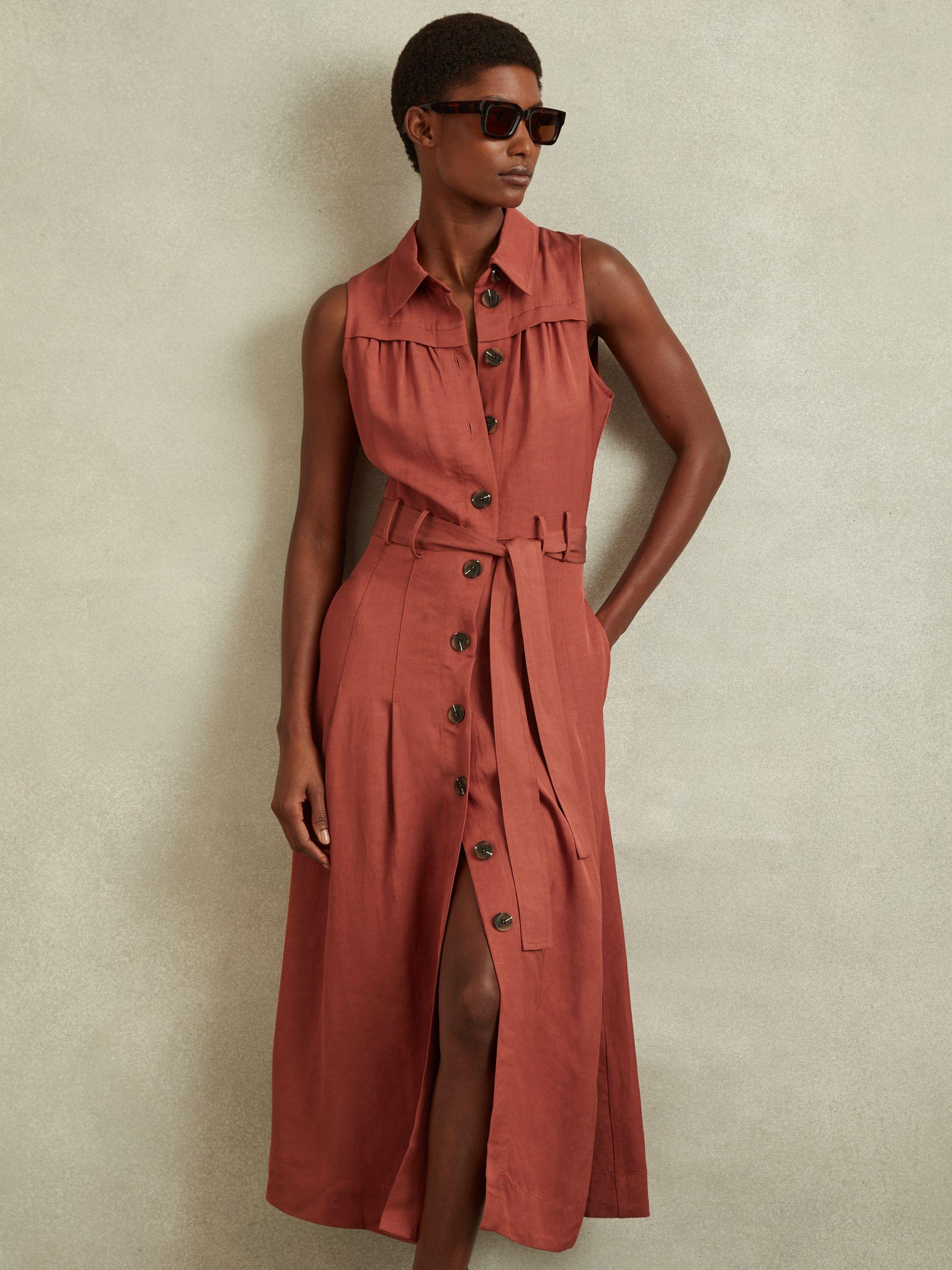 Heidi Rust Viscose-Linen Belted Midi Dress Product Image