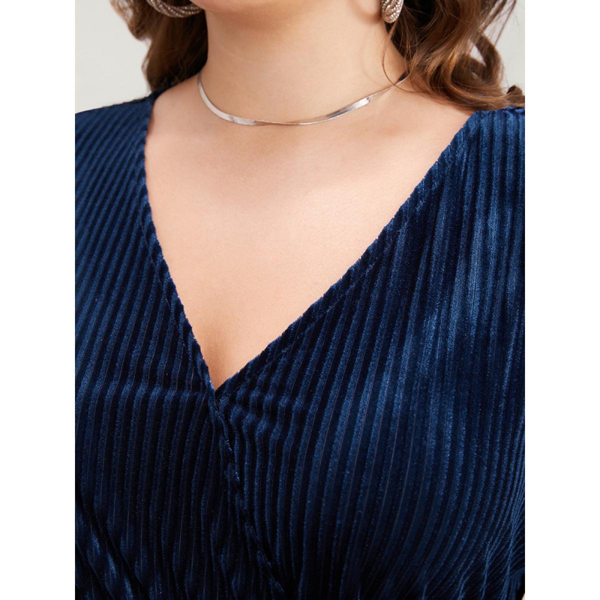 Plus Size Striped Velvet Pocket Lantern Sleeve Belted Wrap Dress DarkBlue Women Glamour Pocket V-neck Long Sleeve Curvy Midi Dress BloomChic 22-24/3X Product Image