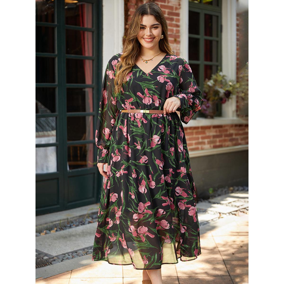 Plus Size Floral Print Chiffon Split Side Elastic Waist Dress Black Women Elegant Printed V-neck Long Sleeve Curvy Midi Dress BloomChic 12/L Product Image