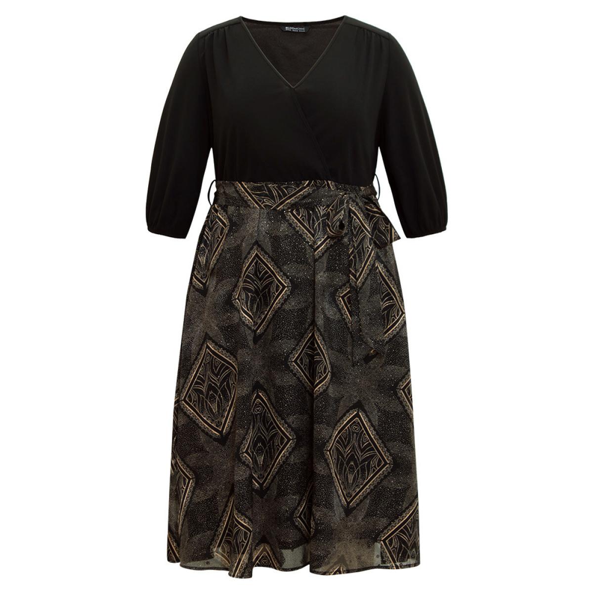 Plus Size Chiffon Moroccan Print Glitter Belted Overlap Collar Dress Black Women Party Elastic cuffs Overlap Collar Elbow-length sleeve Curvy Midi Dress BloomChic 14-16/1X Product Image