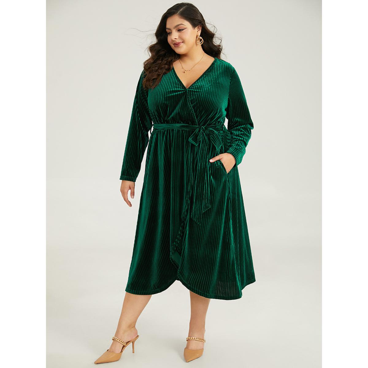 Plus Size Velvet Rib Knit Wrap Hem Pocket Belted Dress DarkGreen Women Elegant Wrap V-neck Long Sleeve Curvy Midi Dress BloomChic 12/L Product Image