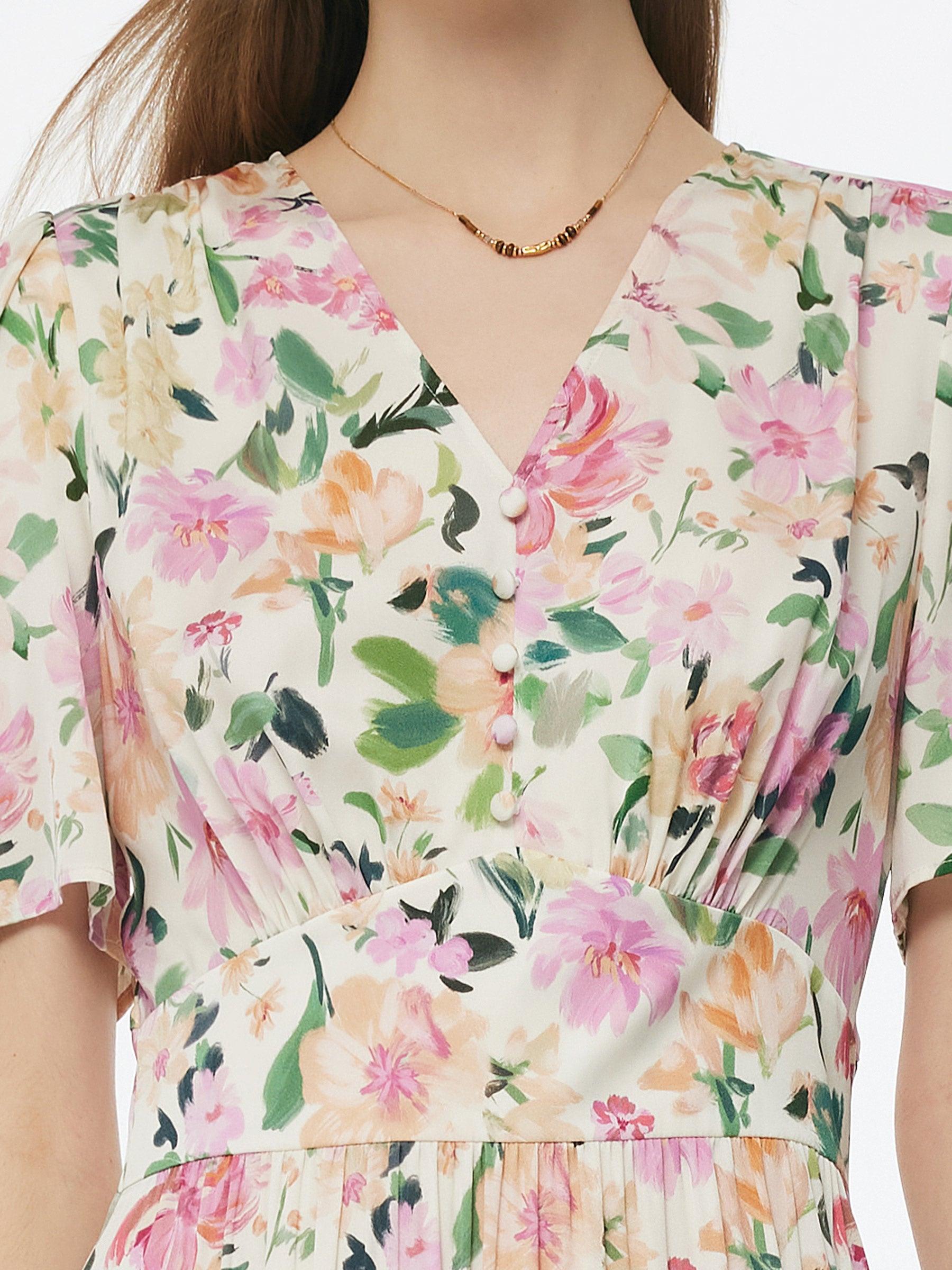 19MM Mulberry Silk Floral Print V-Neck Women Maxi Dress Product Image