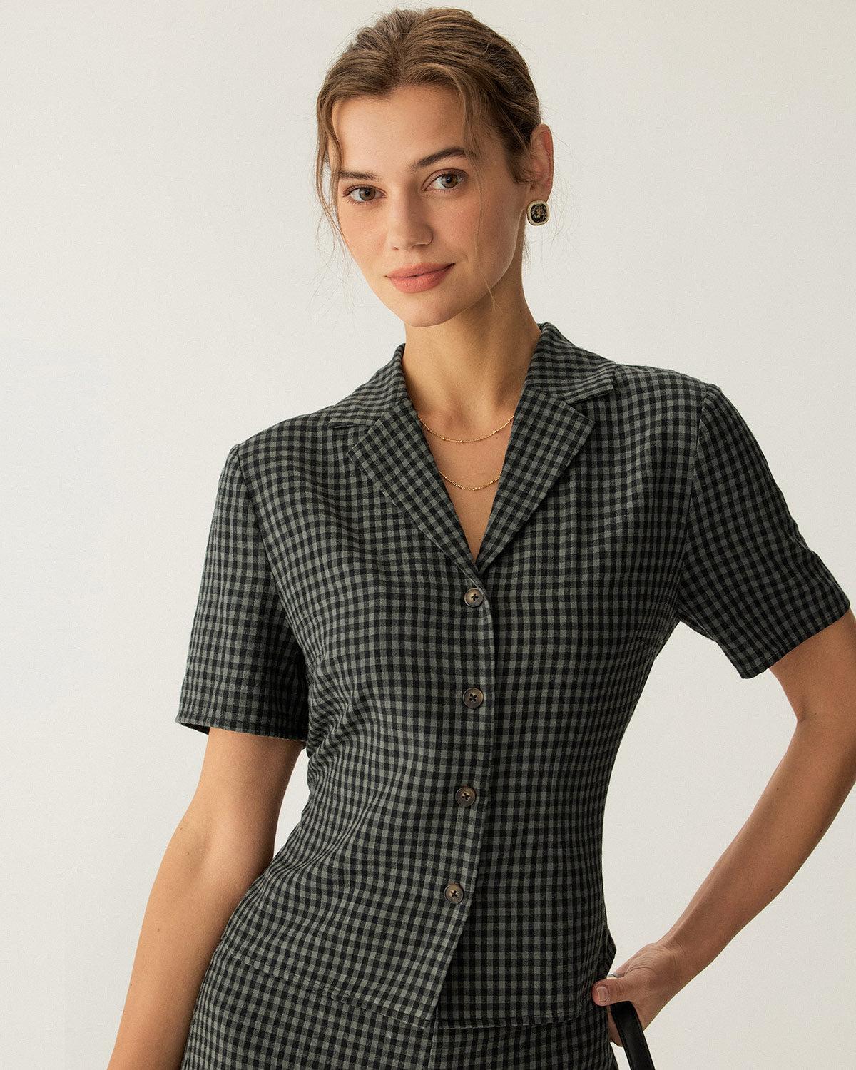 Grey Lapel Plaid Short Sleeve Blouse Product Image