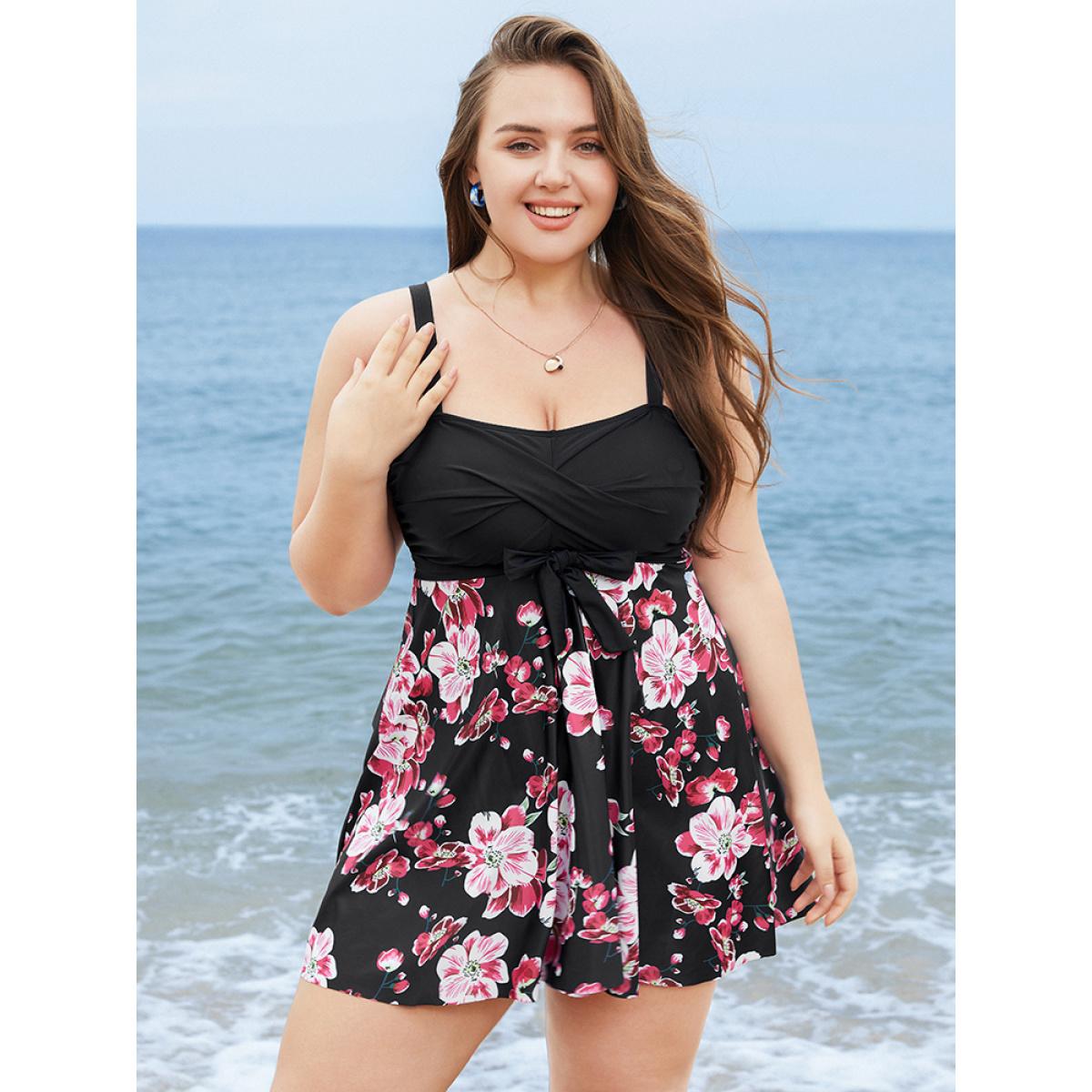 Plus Size Floral Print Knotted Twist Front A Line Swim Dress Women's Swimwear Black Vacation Bodycon High stretch Curve Swim Dresses BloomChic 18-20/2X Product Image