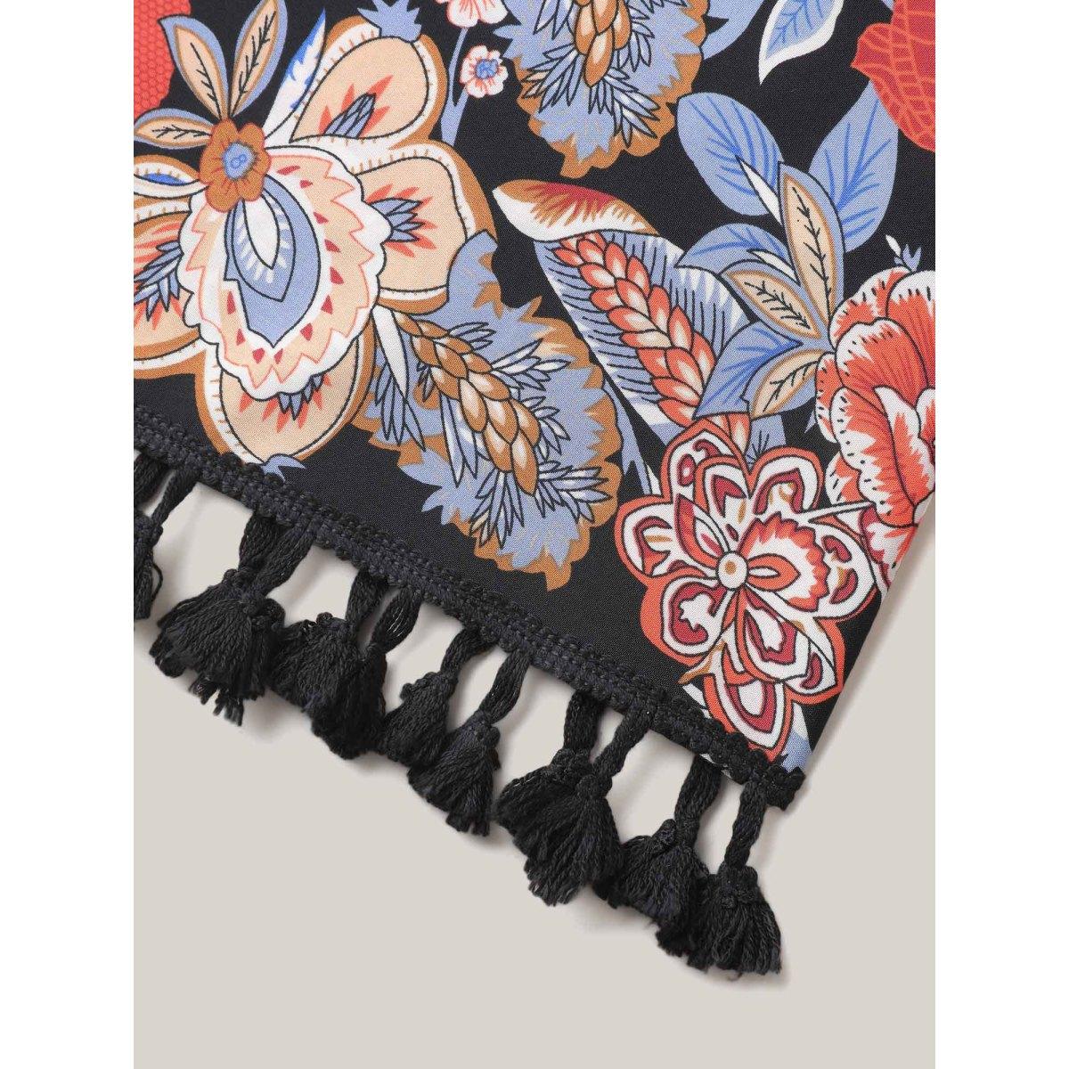 Plus Size Romantic Floral Print Vacation Kimono Cardigan Women Black Boho Tie knot Loose Vacation Kimonos BloomChic 14-16/1X Product Image