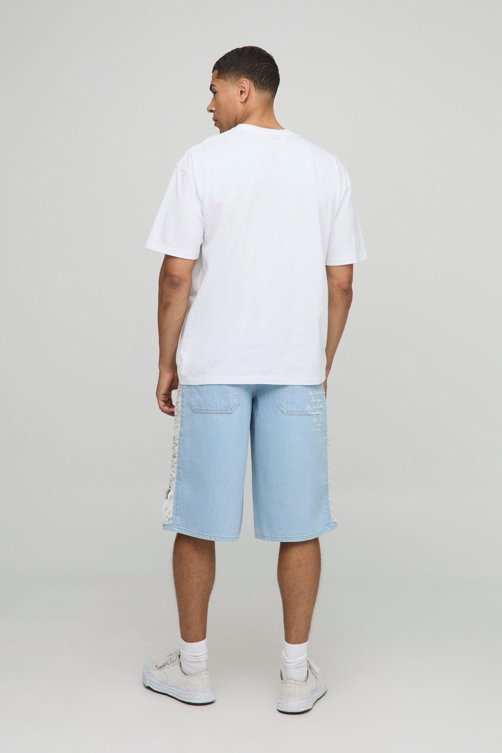 Longline Rigid Printed Distressed Gusset Jorts In Blue | boohooMAN USA Product Image