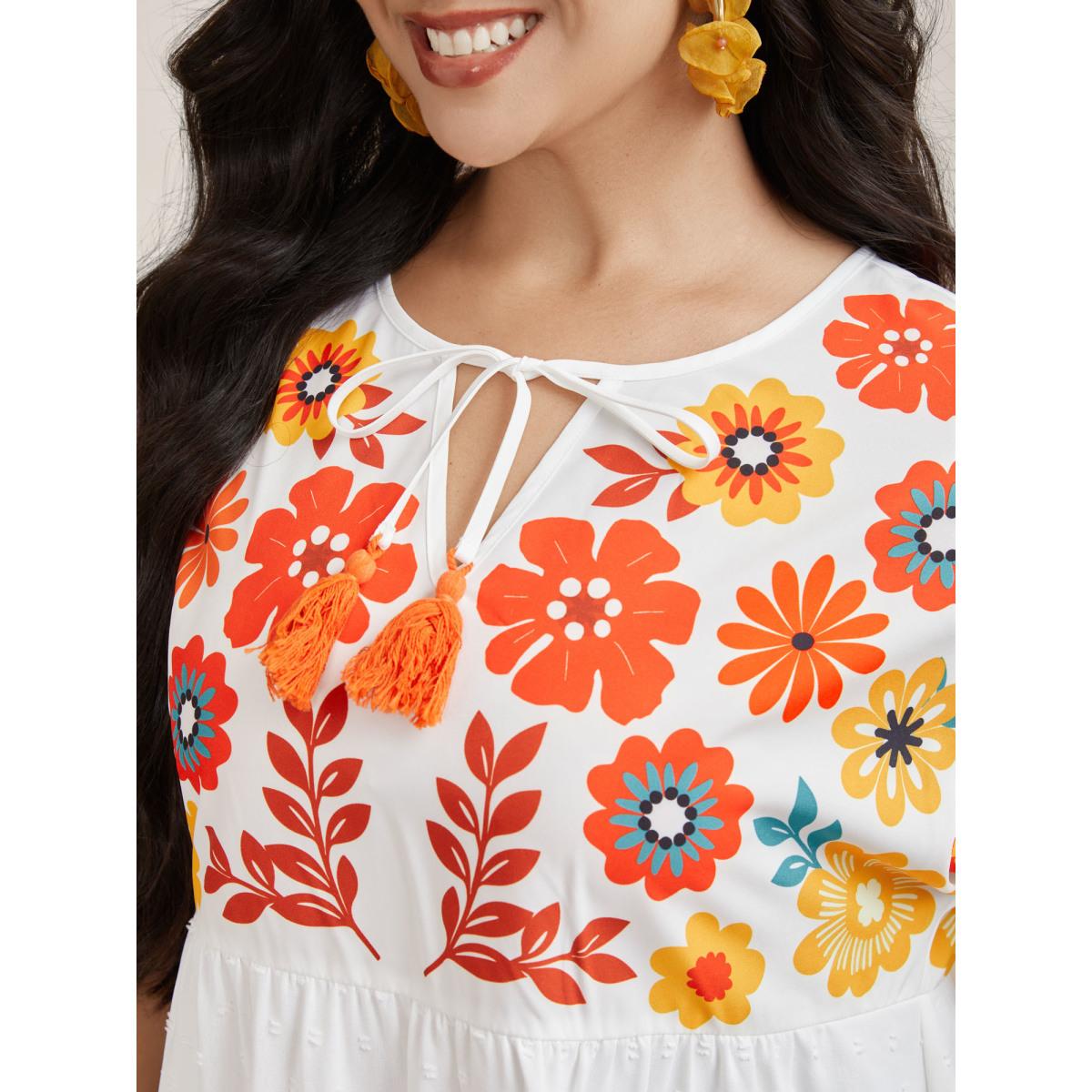 Plus Size WhiteSmoke Floral Print Neck-Tie Babydoll Top Women Resort Short sleeve Non Vacation Blouses BloomChic 28/5X Product Image