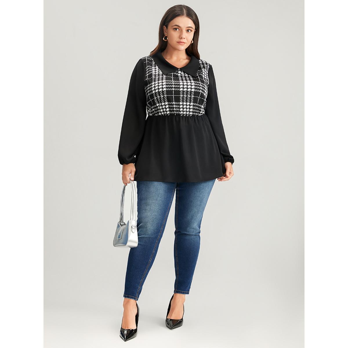 Plus Size Black Plaid Patchwork Lantern Sleeve Ruffle Hem Blouse Women Office Long Sleeve Lapel Collar Work Blouses BloomChic 14-16/1X Product Image