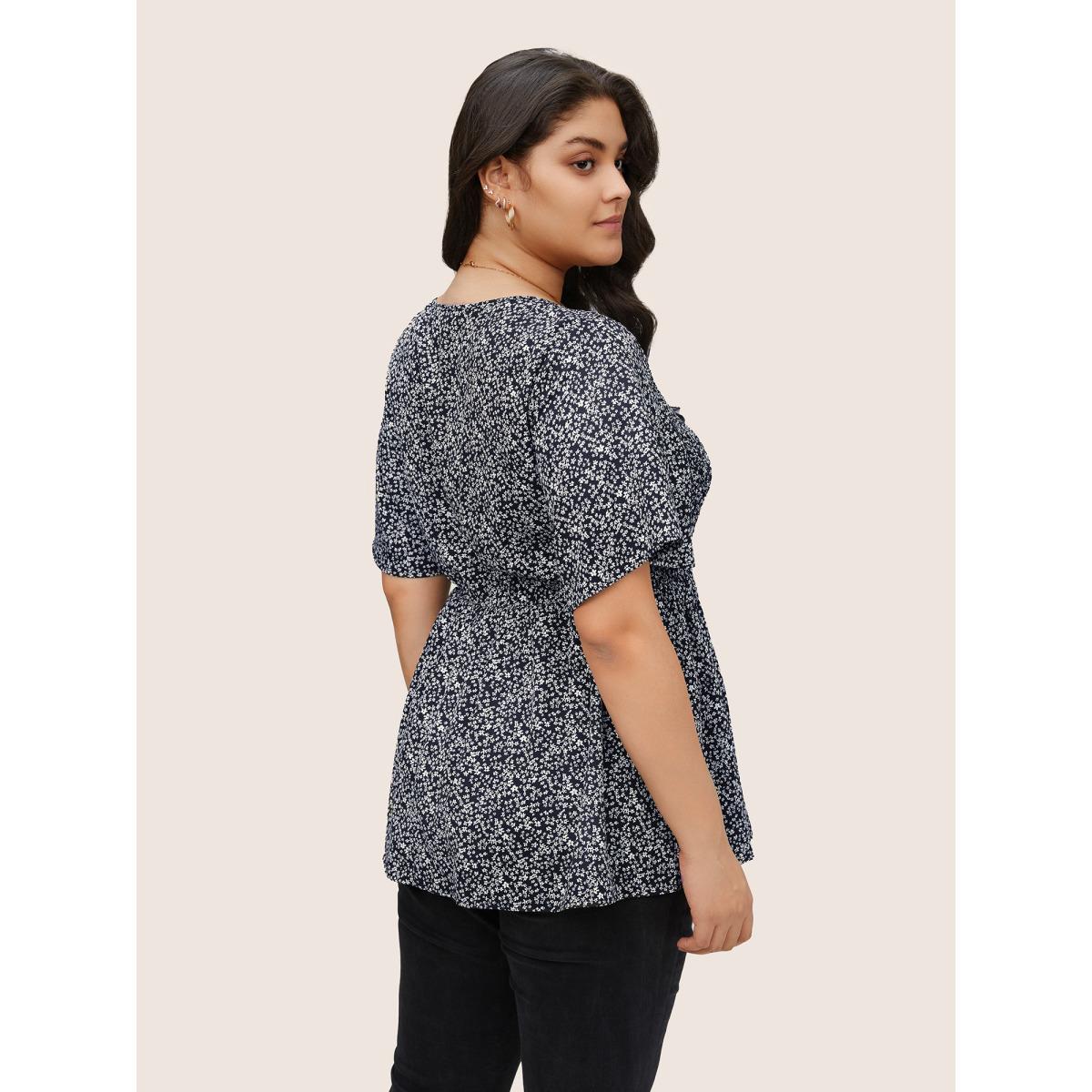 Plus Size Indigo Ditsy Floral Shirred Ruffle Sleeve Elastic Waist Blouse Women Elegant Short sleeve V-neck Everyday Blouses BloomChic 12/L Product Image