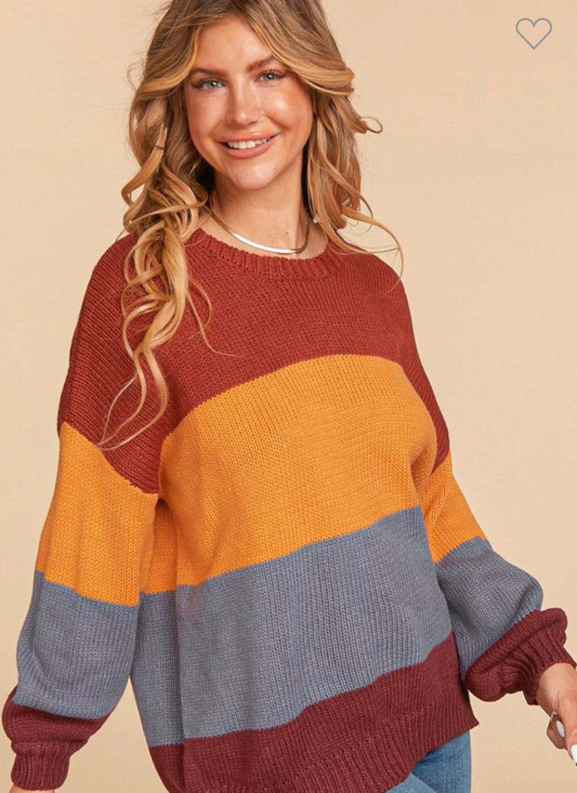 2539   Alicia Round Neck Color Block Bubble Sleeve Loose Fit Sweater Product Image