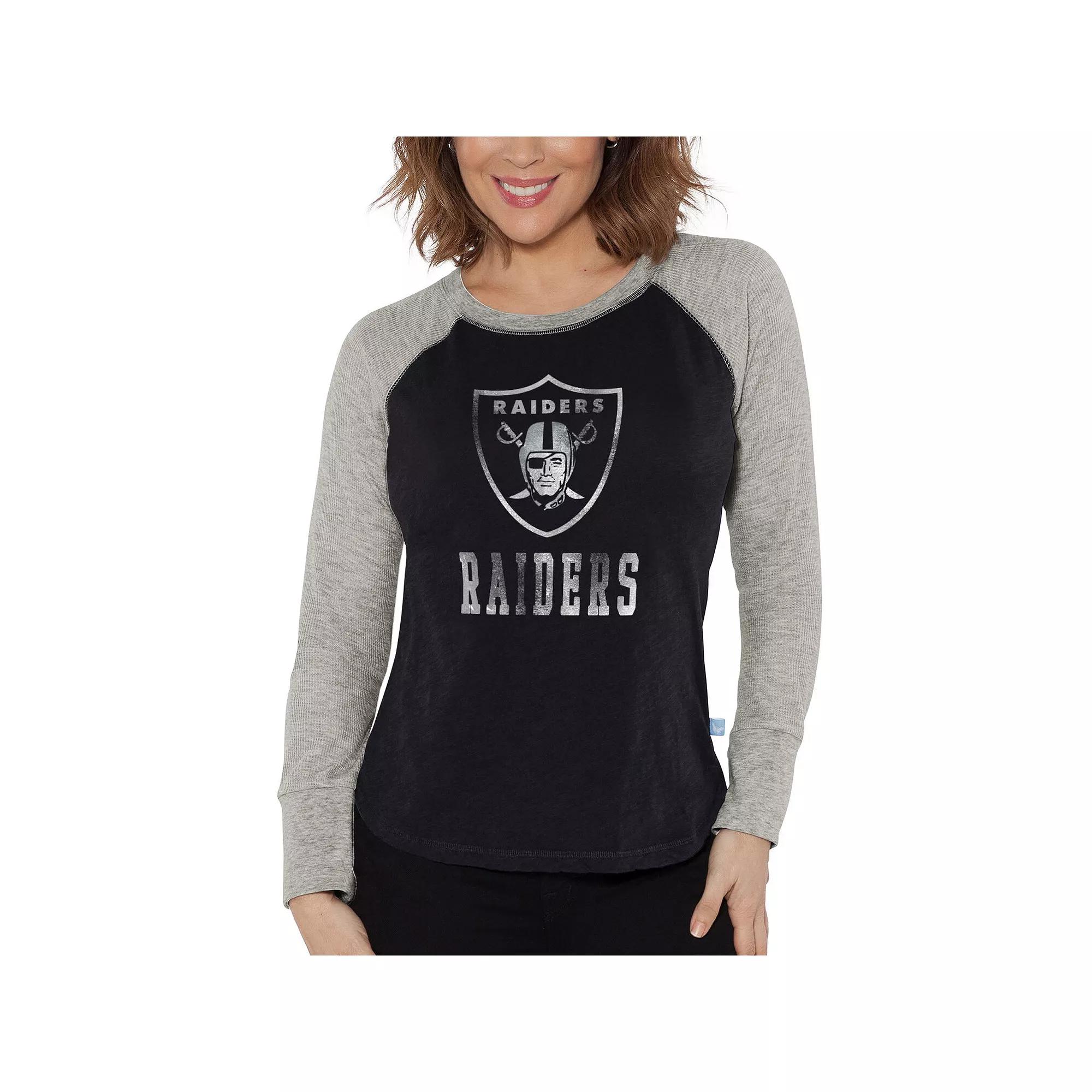 Women's G-III 4Her by Carl Banks Black/Heather Gray Las Vegas Raiders Waffle Knit Raglan Long Sleeve T-Shirt,  Product Image
