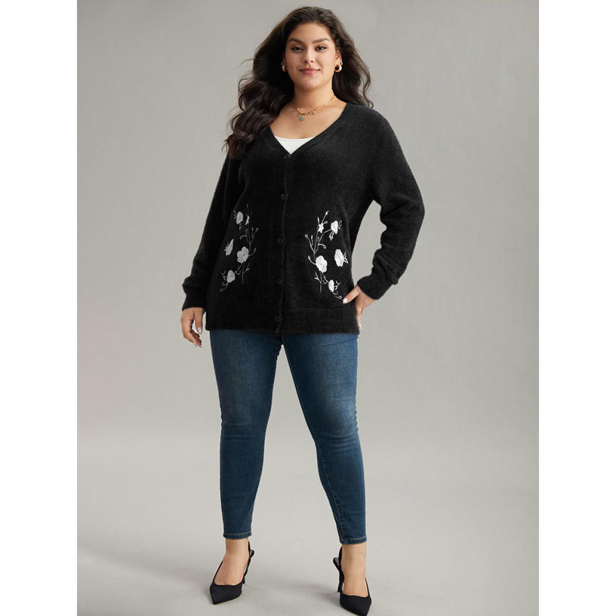 Plus Size Floral Embroidered Fuzzy Open Front Cardigan Black Women Casual Loose Long Sleeve Everyday Cardigans BloomChic 26/4X Product Image
