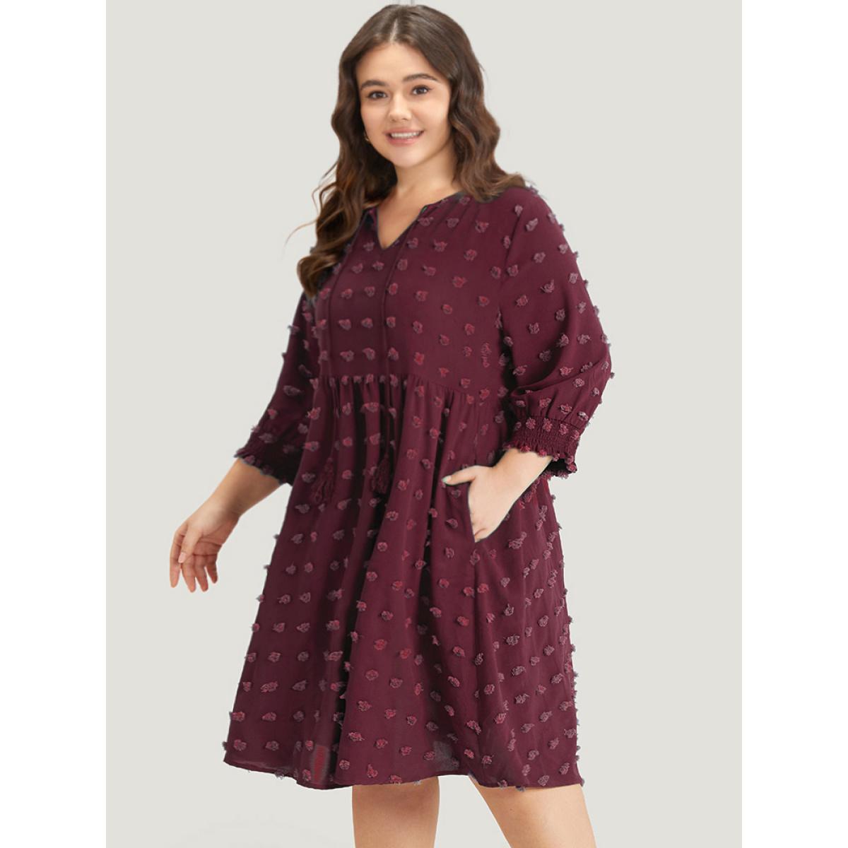 Plus Size Polka Dot Tassels Ties Shirred Cuffs Pocket Dress DarkBlue Women Office Elastic cuffs V-neck Elbow-length sleeve Curvy Midi Dress BloomChic 22-24/3X Product Image