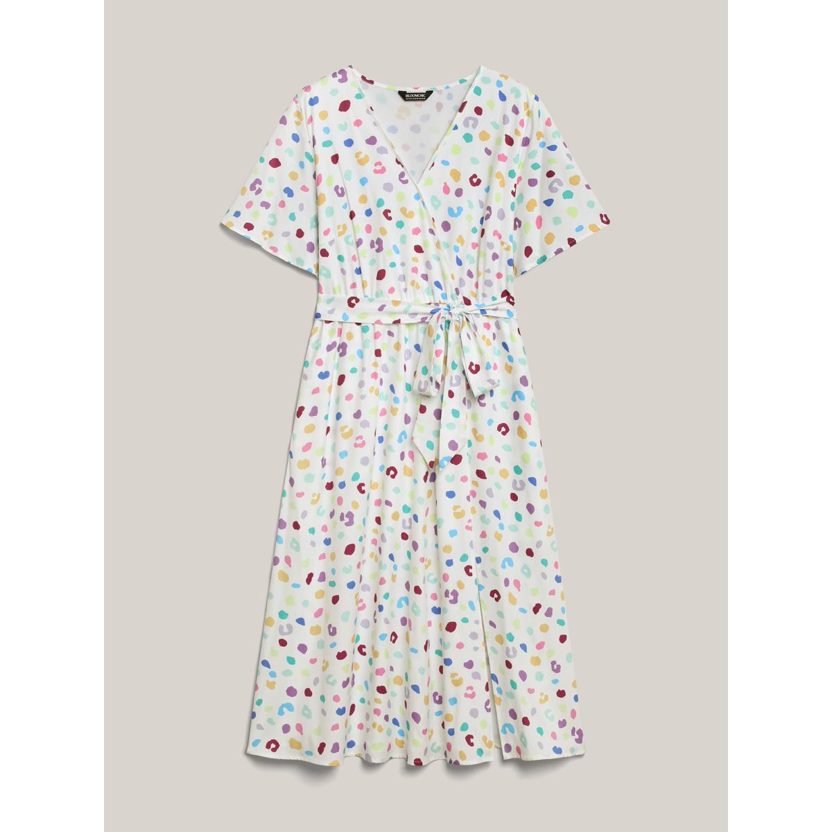 Plus Size Multi-Color Leopard Print Surplice Midi Dress Beige Women Overlap Collar Short sleeve Curvy BloomChic 26/4X Product Image