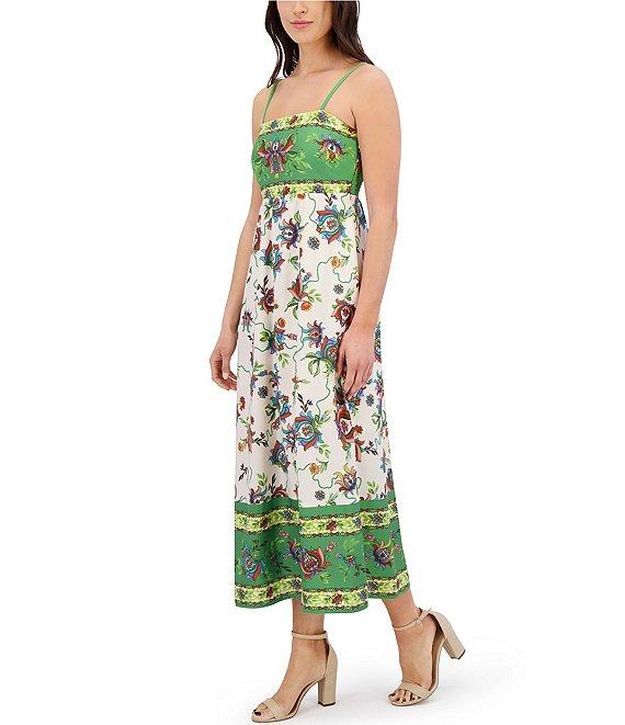 SIENA Square Neck Sleeveless Floral Print Woven Smocked Back Midi Dress Product Image