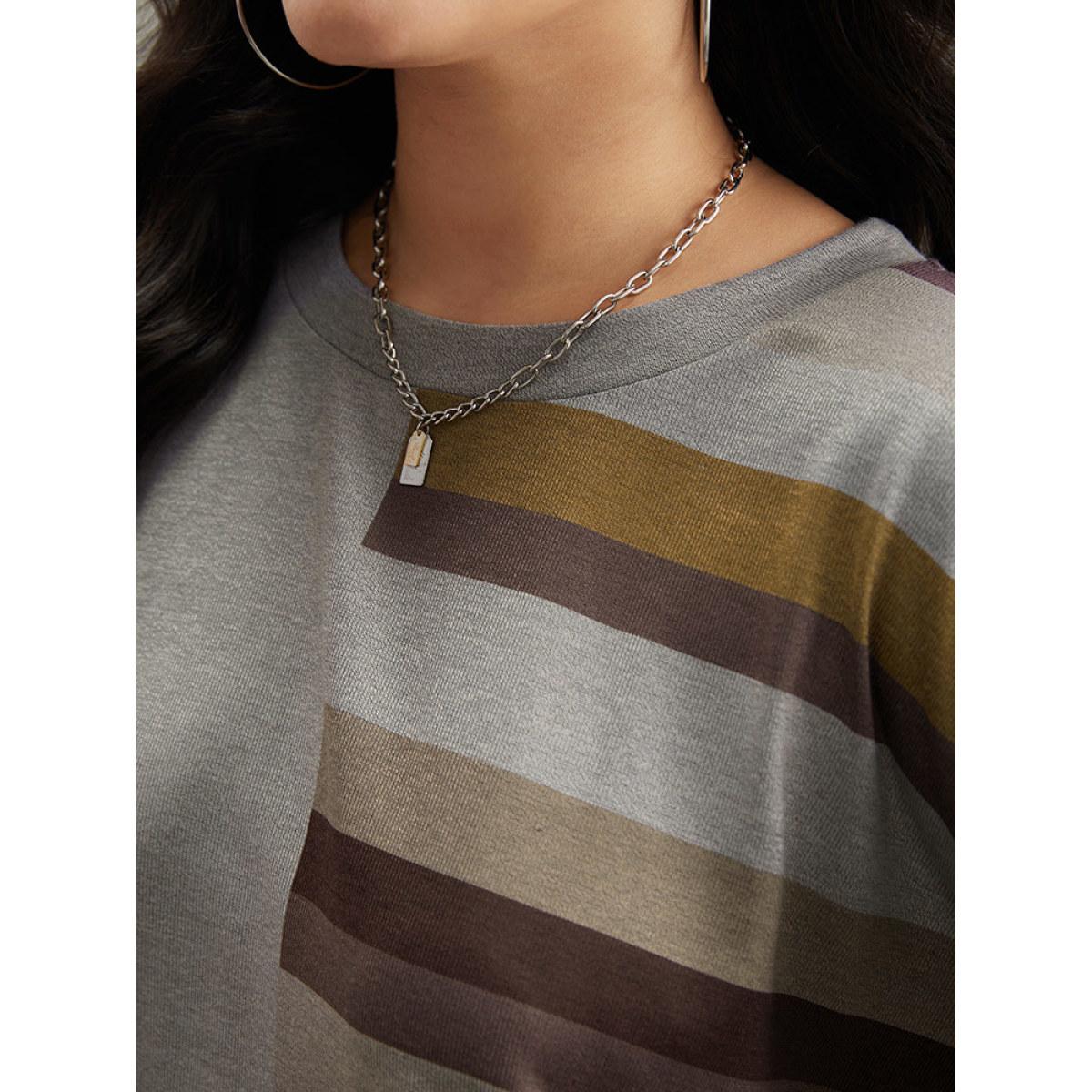 Plus Size Striped Patchwork Contrast Crew Neck Sweatshirt Women DimGray Casual Elastic cuffs Round Neck Dailywear Sweatshirts BloomChic 12/L Product Image