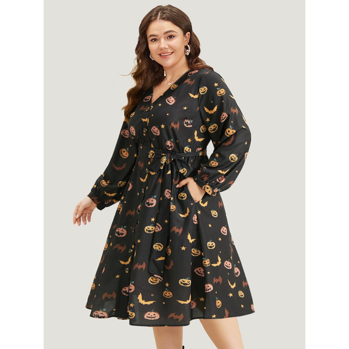 Plus Size Halloween Lantern Sleeve Belted Dress Black Women Casual Belted V-neck Long Sleeve Curvy Midi Dress BloomChic 10/M Product Image
