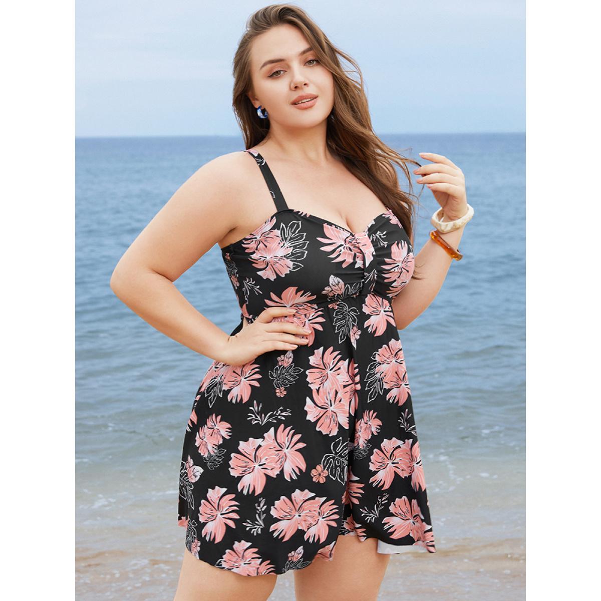 Plus Size Floral Print Gathered Adjustable Straps Swim Dress Women's Swimwear BlackFlower Vacation Bodycon Spaghetti Strap High stretch Curve Swim Dresses BloomChic 30/6X Product Image