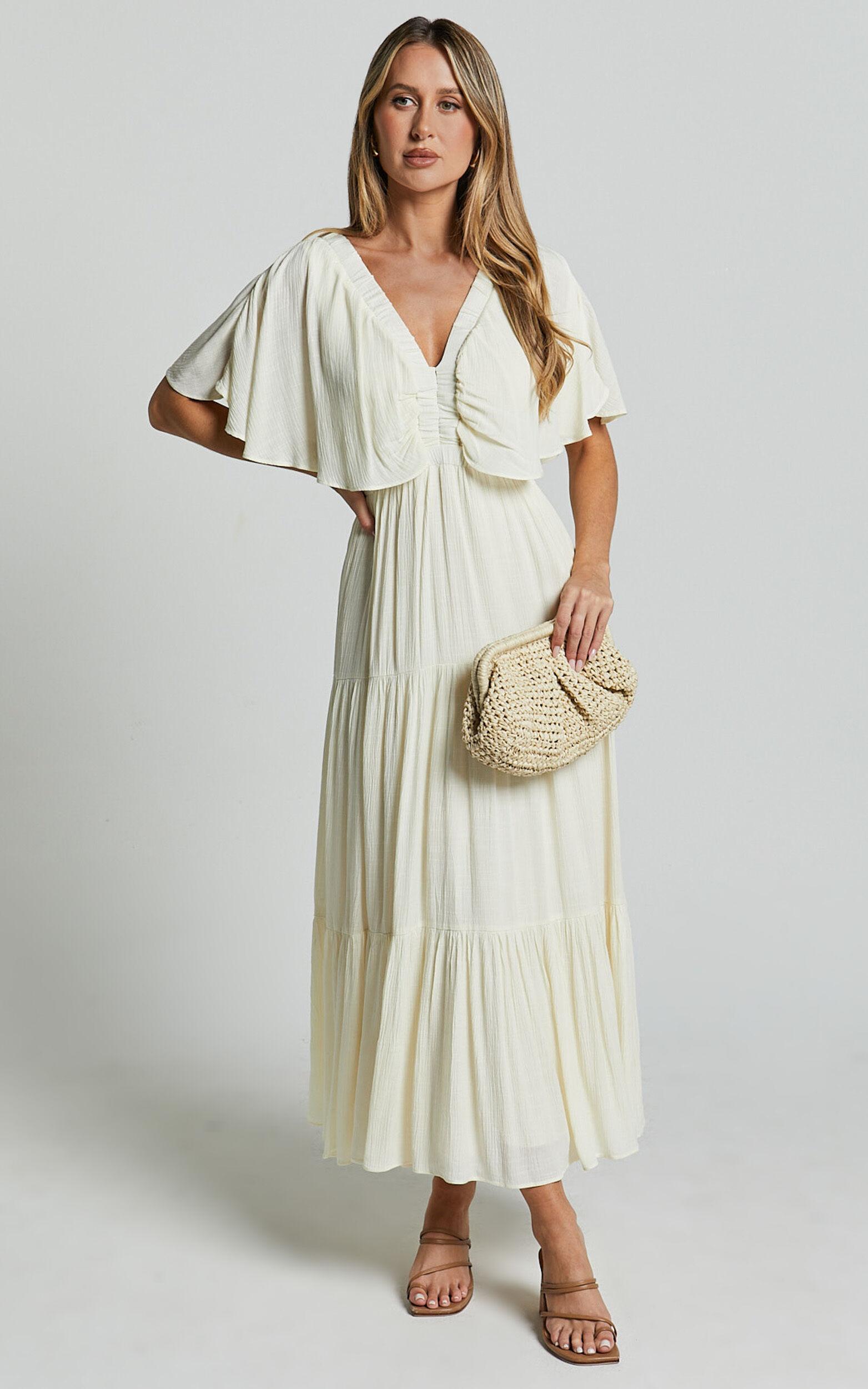 Danny Midi Dress - Ruffle Sleeve Tiered Dress in Natural Product Image