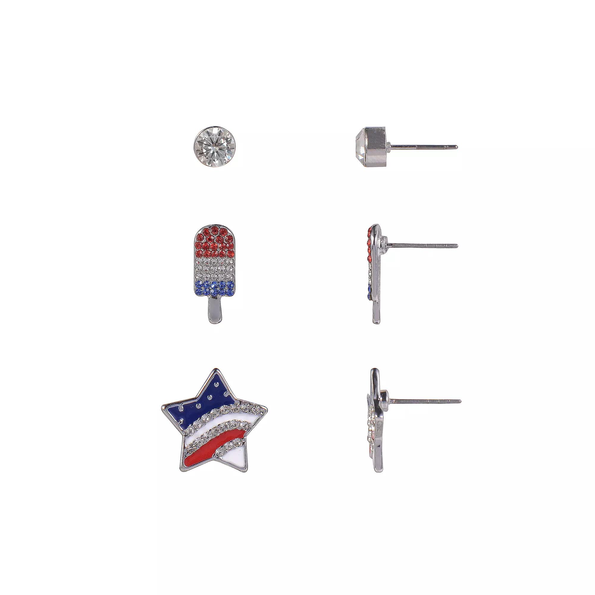 Celebrate Together™ Silver Tone Red, White and Blue Popsicle, Star, and Stud Trio Earrings Set, Women's, Multi Product Image