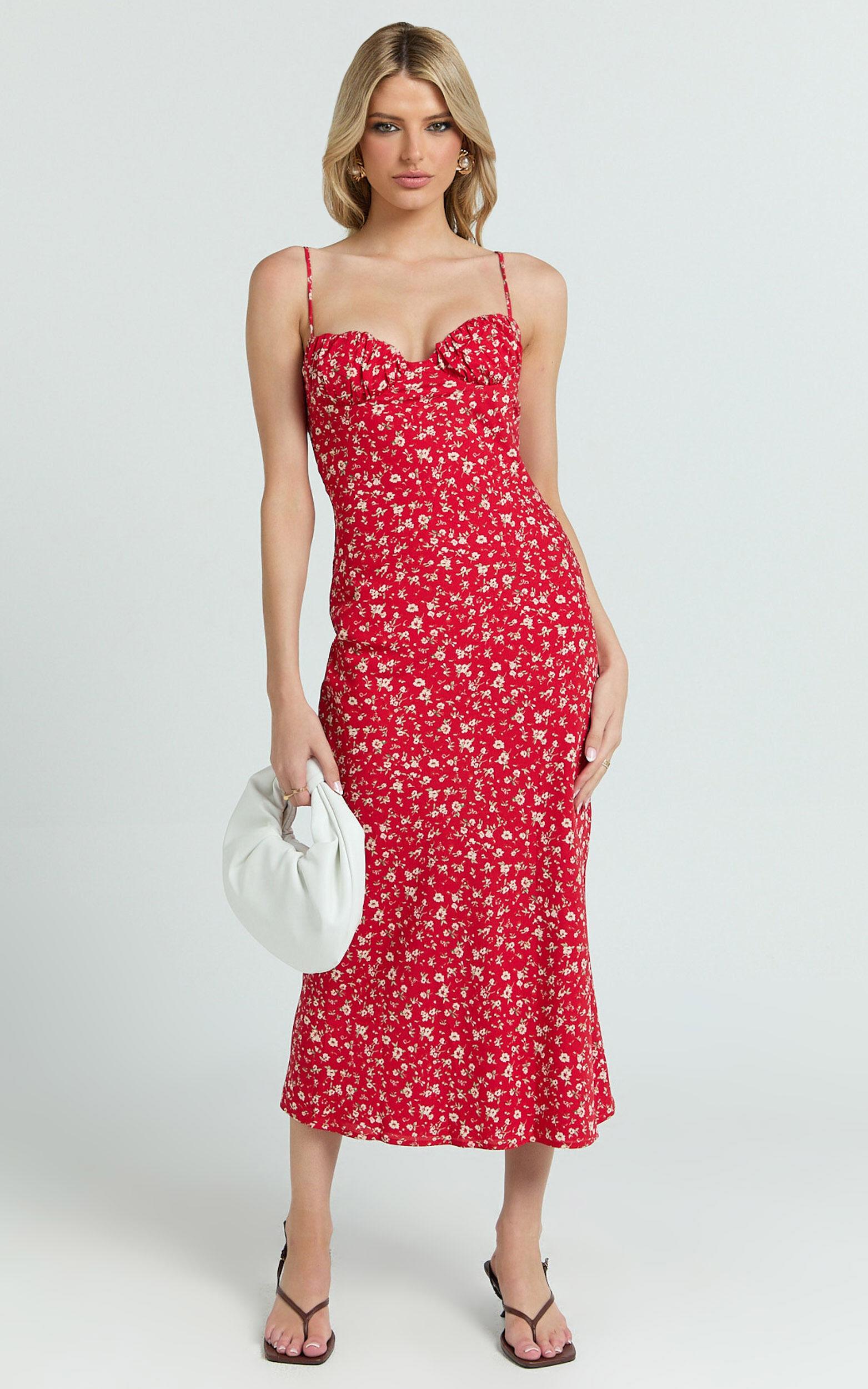 Hilton Midi Dress - Ruched Bust Slip Dress in Red Floral Product Image