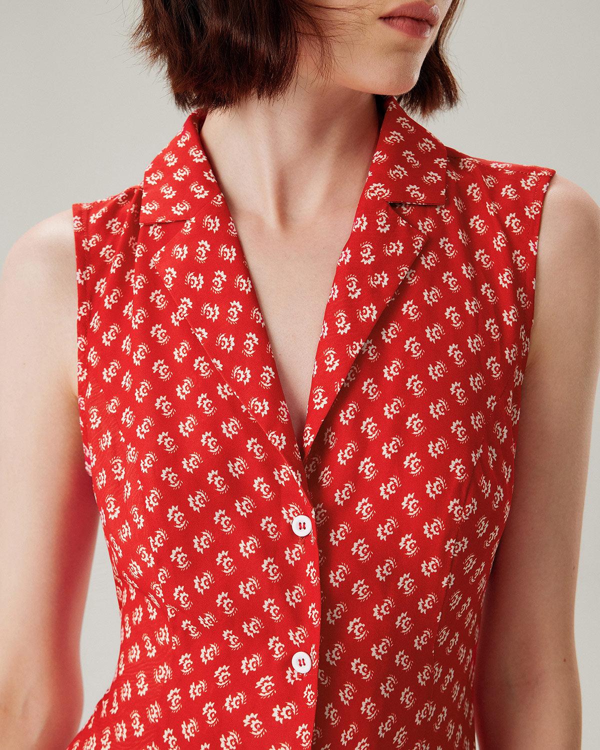 Red Floral Button Sleeveless Maxi Dress Product Image