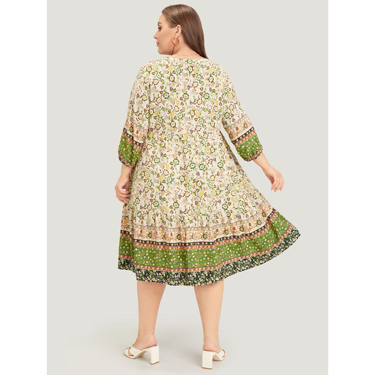 Plus Size Bandana Tassels Ties Neck Pocket Ruffle Hem Dress Green Women Vacation Tassels Tie Neck Elbow-length sleeve Curvy Midi Dress BloomChic 10/M Product Image