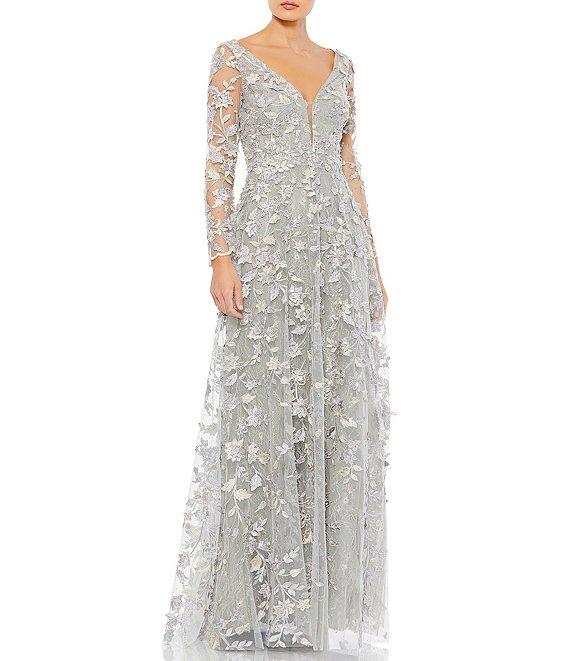 Mac Duggal Floral Applique Split V-Neck Illusion Long Sleeve Gown Product Image