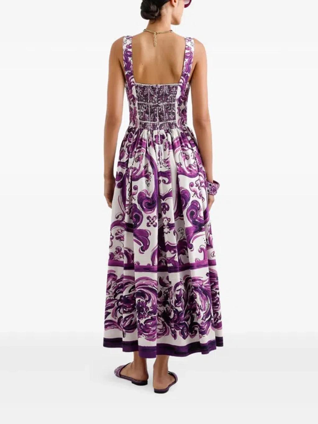 DOLCE & GABBANA Long Poplin Dress With Majolica Print In Purple Product Image