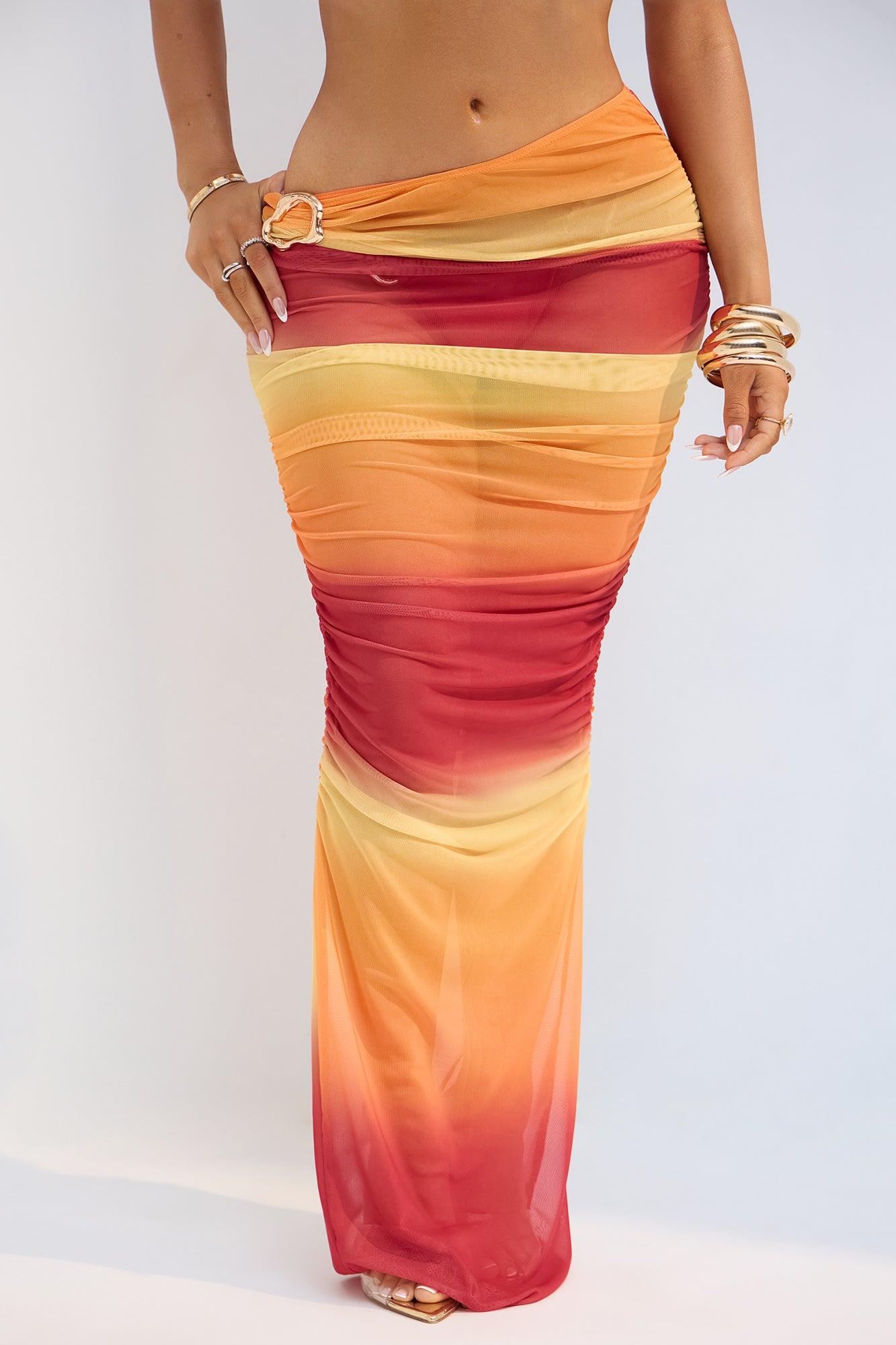 Sultry Summer Hardware Ruched Mesh Cover Up Maxi Skirt - Orange/combo Product Image