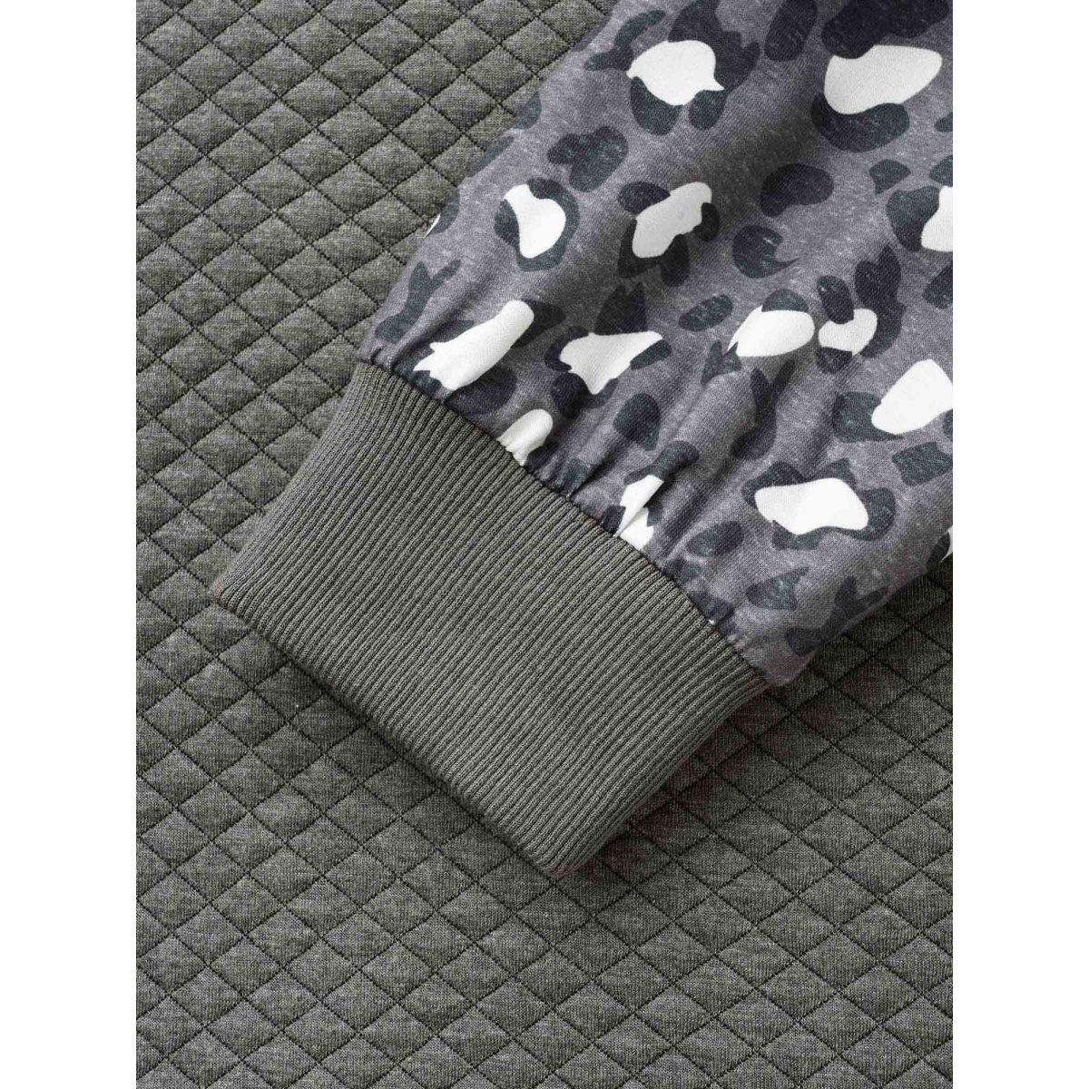 Plus Size Leopard Print Patchwork Raglan Sleeve Sweatshirt Women DimGray Casual Texture V-neck Everyday Sweatshirts BloomChic 14-16/1X Product Image