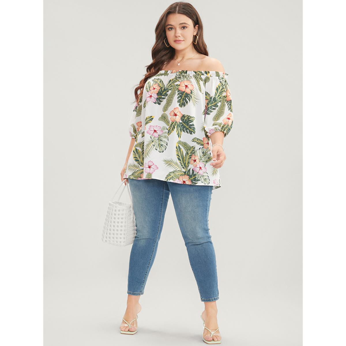 Plus Size White Tropical Print Off Shoulder Lantern Sleeve Blouse Women Vacation Short sleeve One-shoulder neck Dailywear Blouses BloomChic 28/5X Product Image