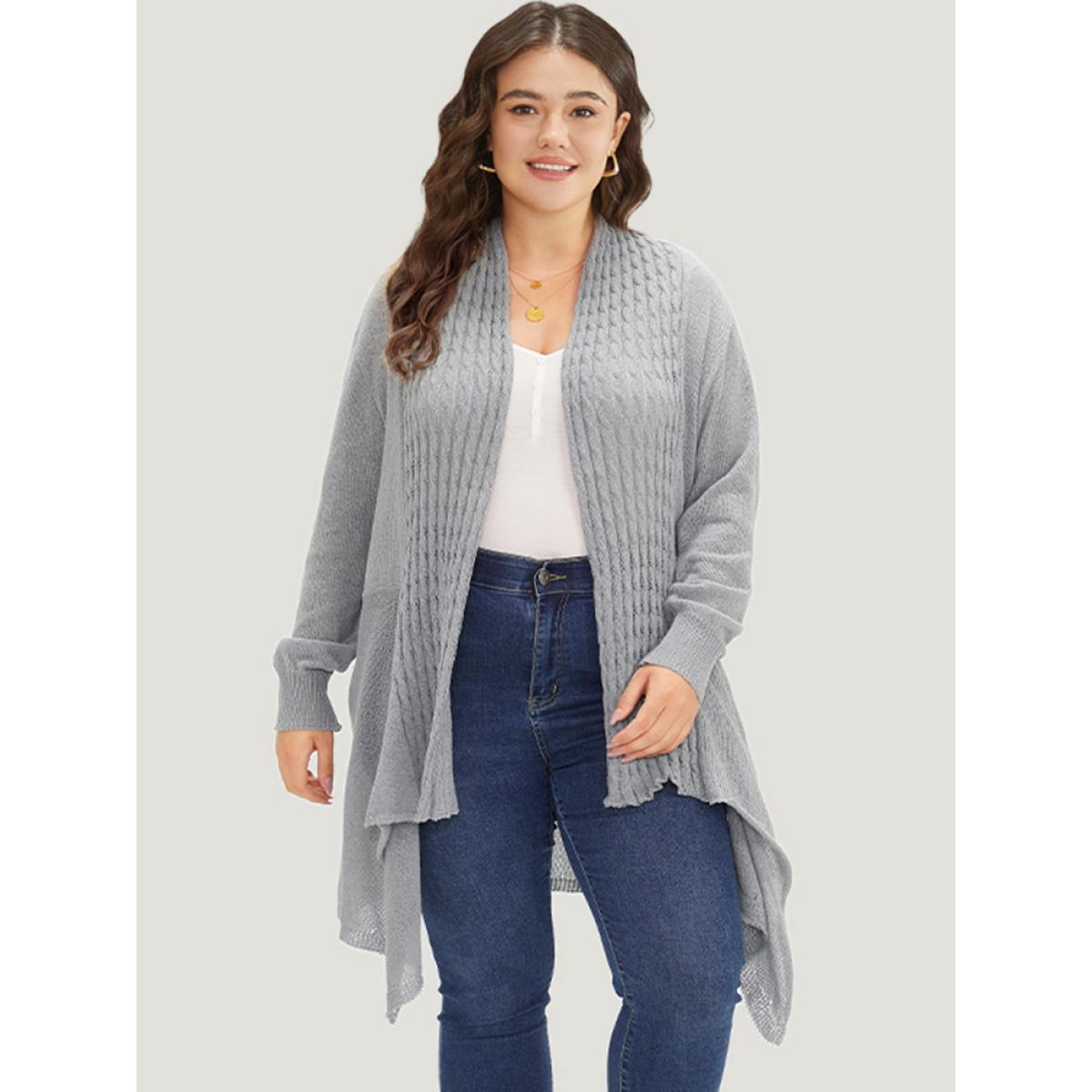 Plus Size Cable Knit Open Front Asymmetrical Hem Cardigan DarkGray Women Casual Loose Long Sleeve Dailywear Cardigans BloomChic 30/6X Product Image