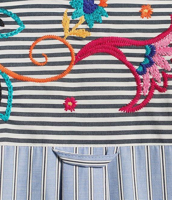 John Mark Plus Size Embroidered Woven Stripe Point Collar Long Roll-Tab Sleeve Button Front Tunic Product Image