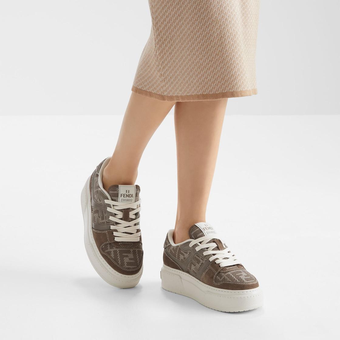Fendi MatchBrown denim-effect FF jacquard and suede platform low tops Product Image