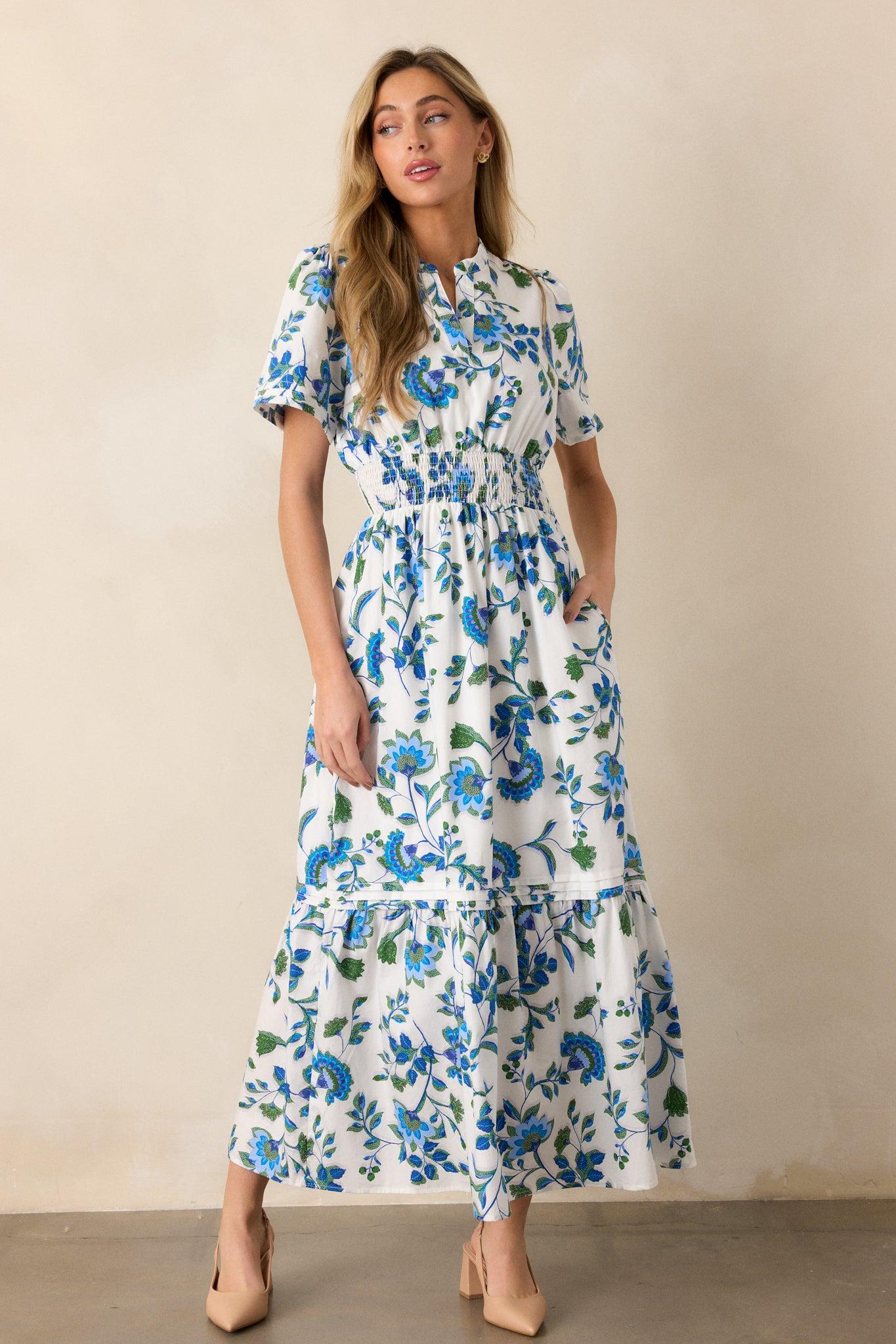 Only Bliss Cotton Blue Floral Maxi Shirt Dress Product Image
