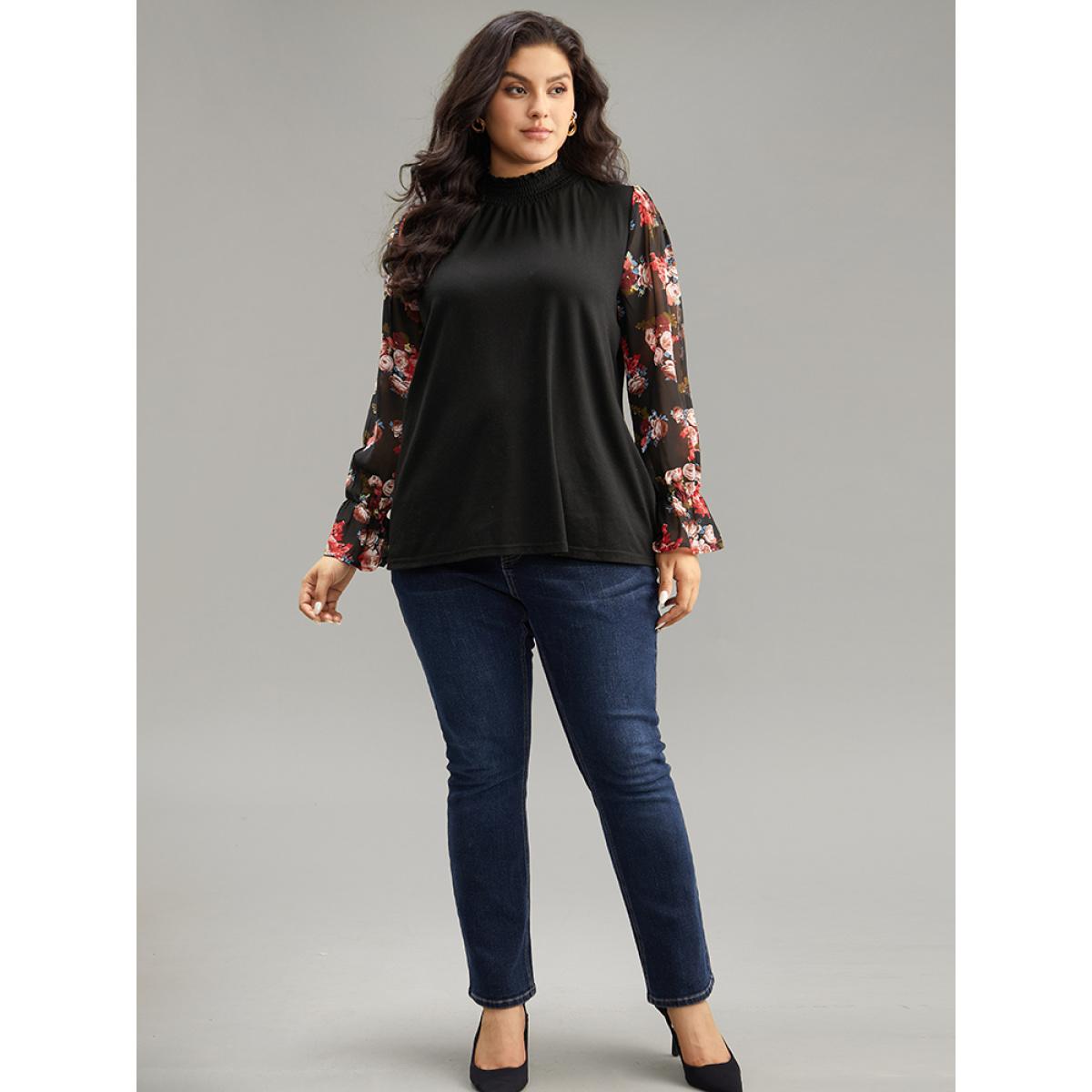 Plus Size Chiffon Floral Patchwork Shirred Mock Neck T-shirt Black Women Casual Elastic cuffs Floral Mock Neck Dailywear T-shirts BloomChic 10/M Product Image